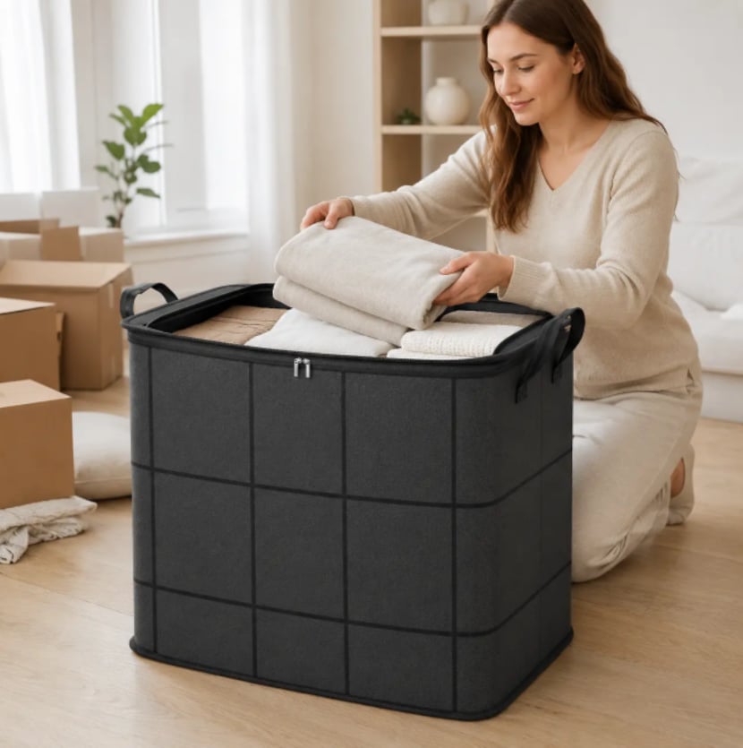 Spacious Moving Storage Bin – Large Capacity Zippered Fabric Organizer for Bedding & Clothes