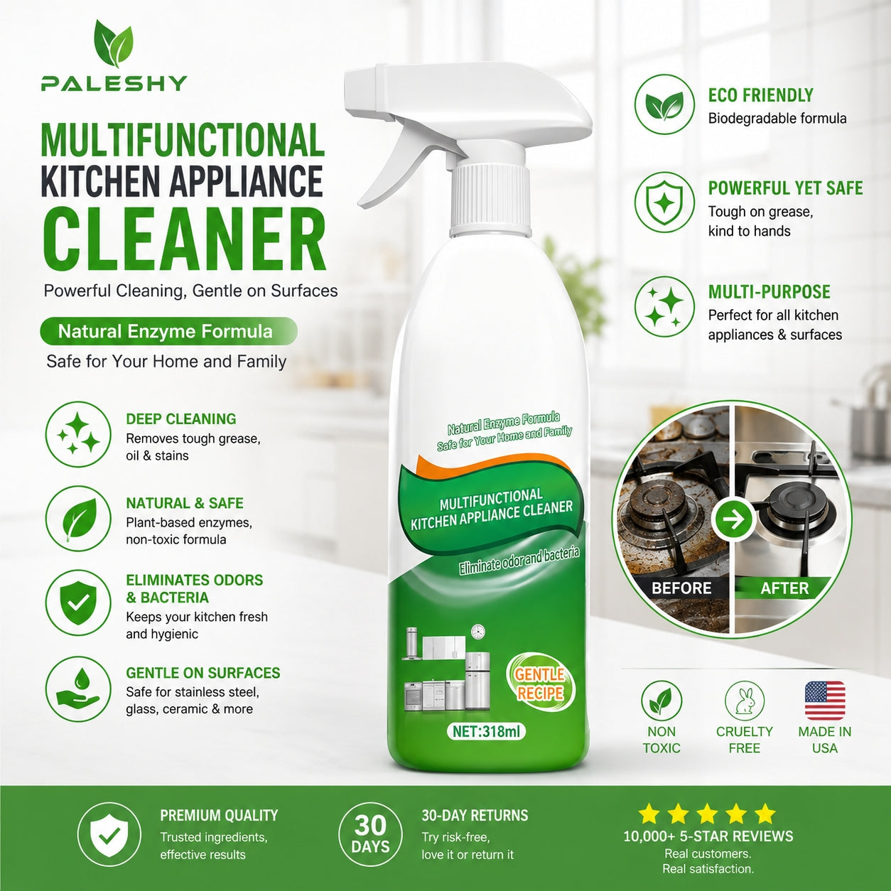 Natural Enzyme Formula Kitchen Cleaning Spray - Fast-Acting Household Grease