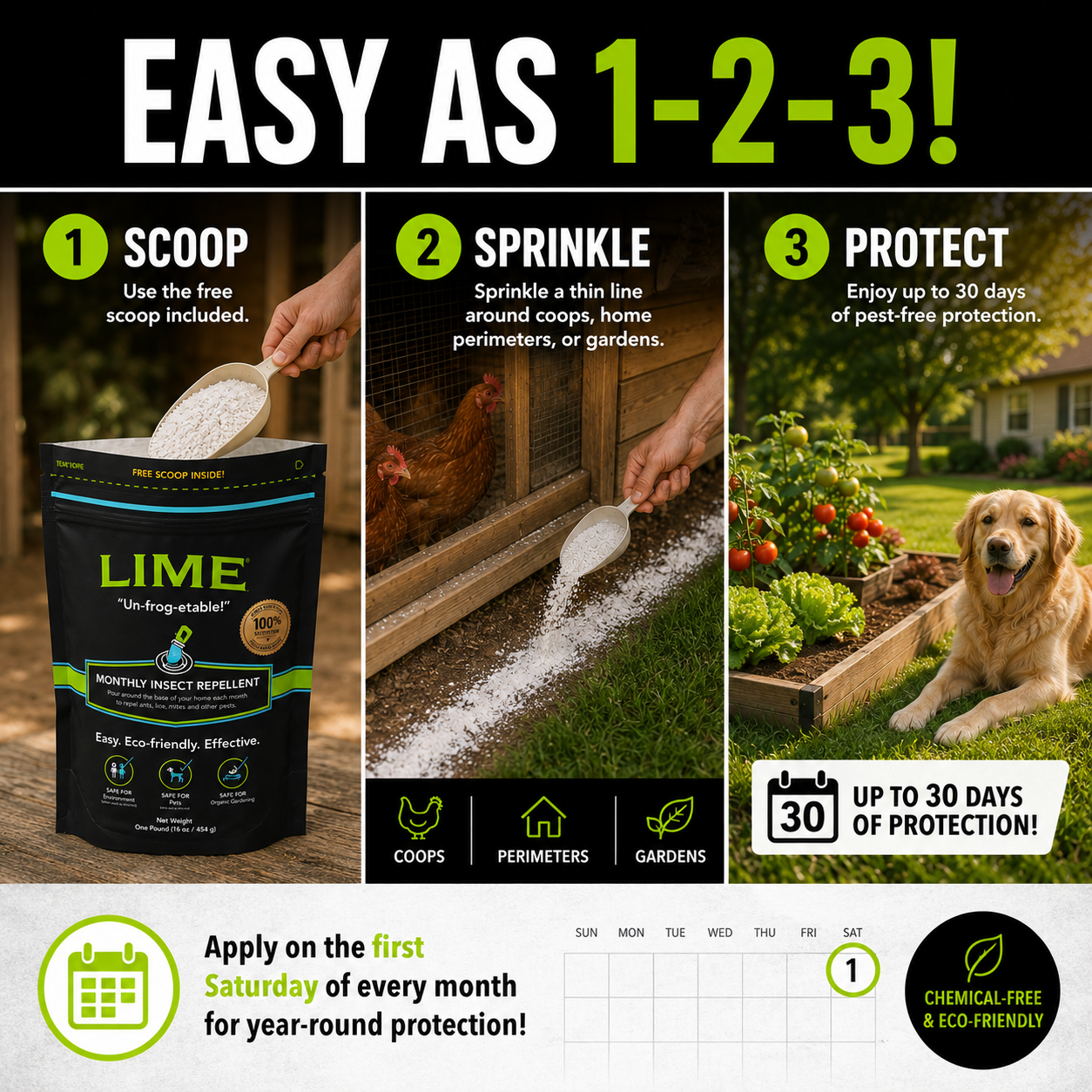 First Saturday Lime™ Monthly Insect Repellent | Maximum Strength Yard & Coop Protection