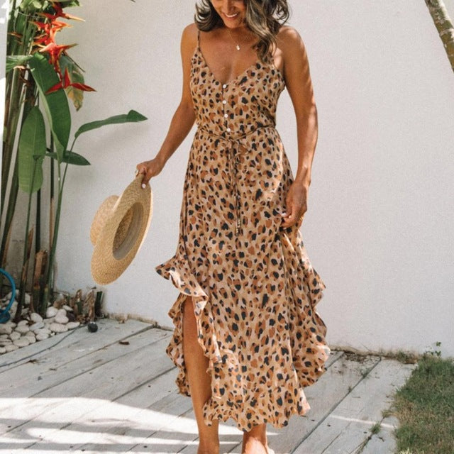 Midi Dress Women Summer Beach Dress Femme Casual Clothing Robe Backless Snake Print Chiffon Dress Lady Chic Elegant Dress 2020